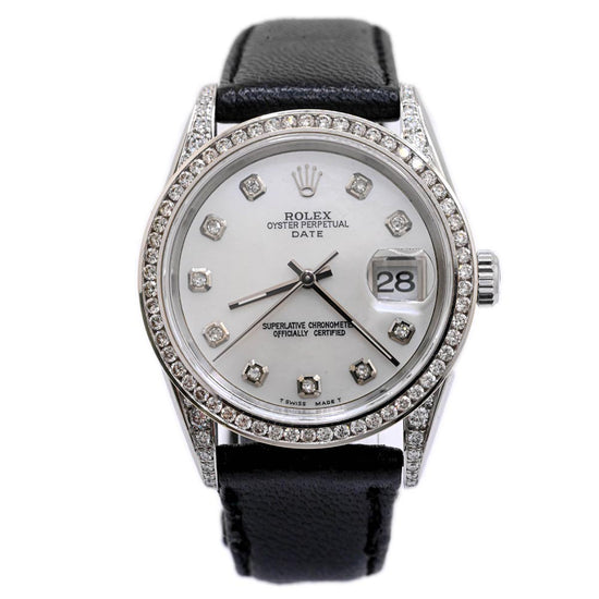 Rolex Unisex Oyster Perpetual Date Stainless Steel 34mm White MOP Diamond Dial Watch Reference #: 15200 - Happy Jewelers Fine Jewelry Lifetime Warranty