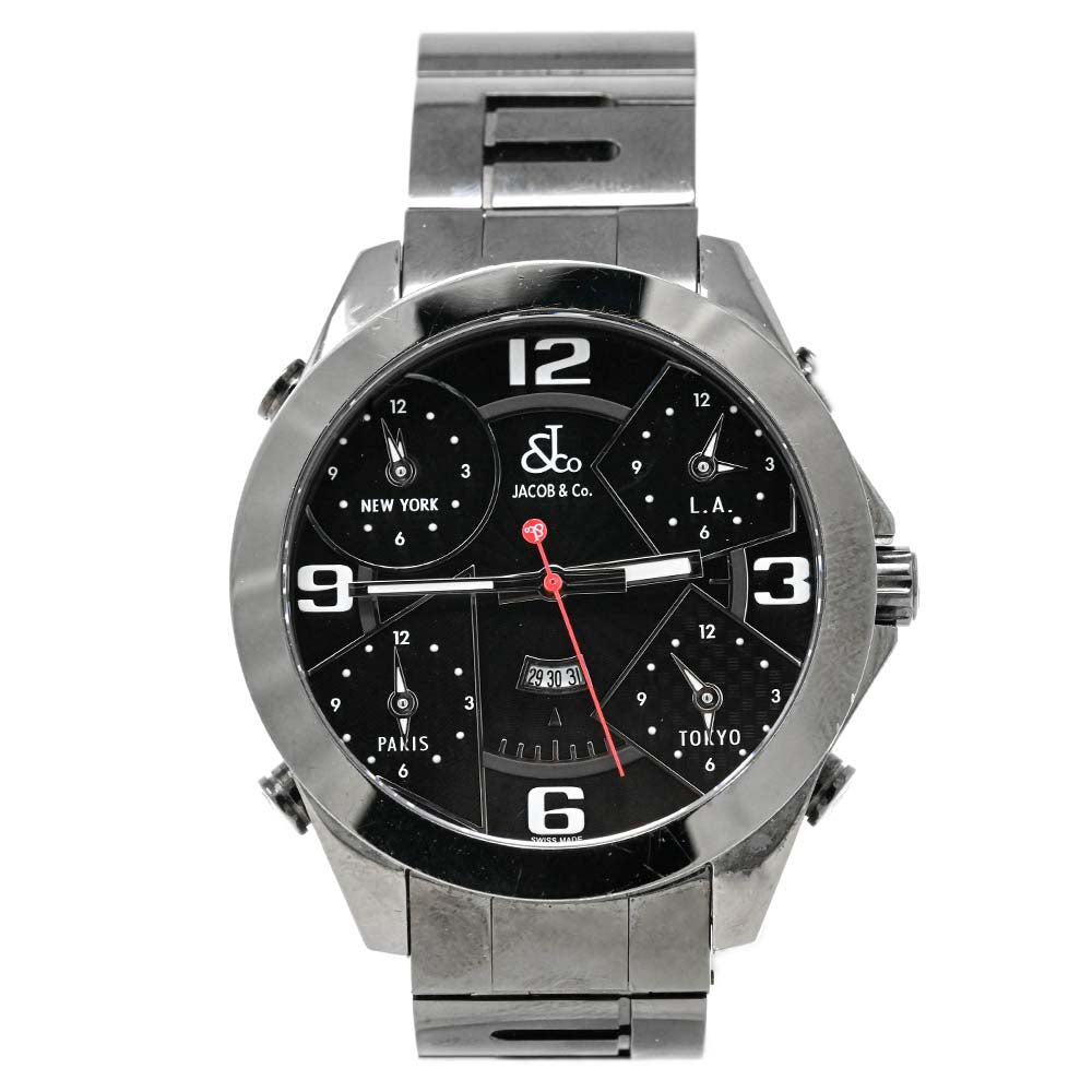 Jacob And Co Mens Five Time Zone Black Dial Watch Happy Jewelers