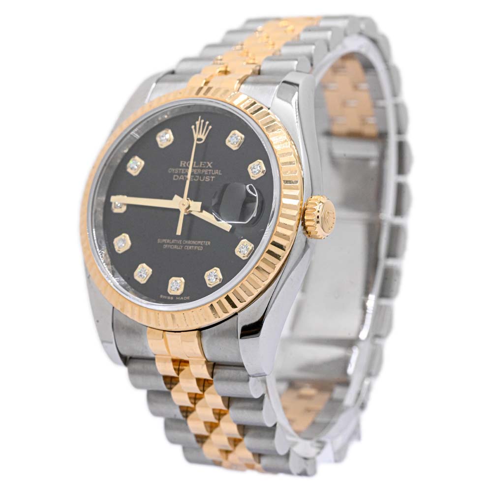 Rolex Datejust Two Tone Yellow and Stainless Steel 36mm Black Diamond Dial Watch #: 116233 | Happy Jewelers