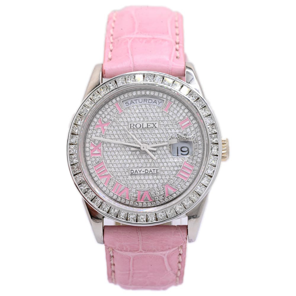 Rolex Ladies Day-Date White Gold 36mm Custom Pave Pink Roman Diamond Dial Watch Reference #: 18239 - Happy Jewelers Fine Jewelry Lifetime Warranty