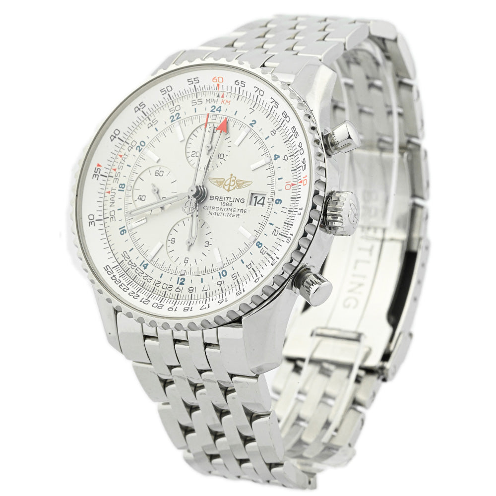 Breitling Men's Navitimer World Chronograph Stainless Steel 46mm Silver Stick Dial Watch Reference #: A2432212/G571 - Happy Jewelers Fine Jewelry Lifetime Warranty