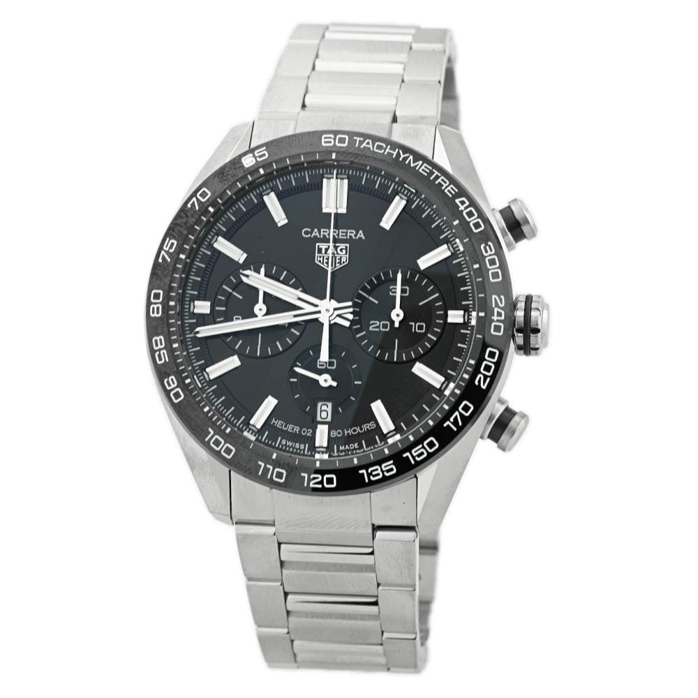 Tag Heuer Mens Carrera Stainless Steel 44mm Black Chronograph Stick Dial Watch Reference #: CBN2A1B.BA0643 - Happy Jewelers Fine Jewelry Lifetime Warranty