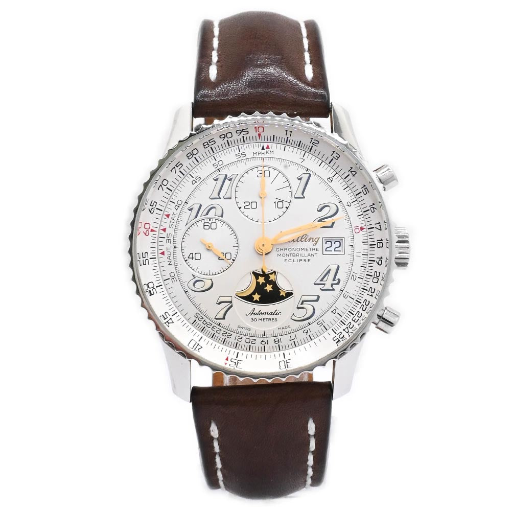 Breitling Mens Montbrillant Eclipse Stainless Steel 41.5mm White Arabic Dial Watch - Happy Jewelers Fine Jewelry Lifetime Warranty