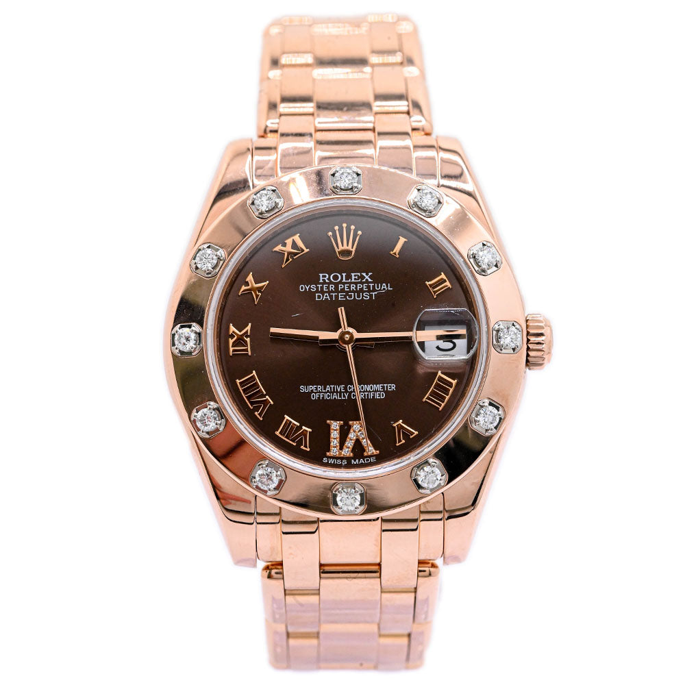 Rolex Ladies Pearlmaster Rose Gold 34mm Chocolate Roman Diamond 6 Dial Watch Reference #: 81315 - Happy Jewelers Fine Jewelry Lifetime Warranty