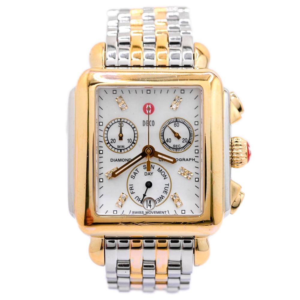 Michele Ladies Deco Diamond Chronograph Two Tone Plated Yellow Gold and Steel 33mm White MOP Diamond Dial Watch Reference #: MW06P00C9046 - Happy Jewelers Fine Jewelry Lifetime Warranty