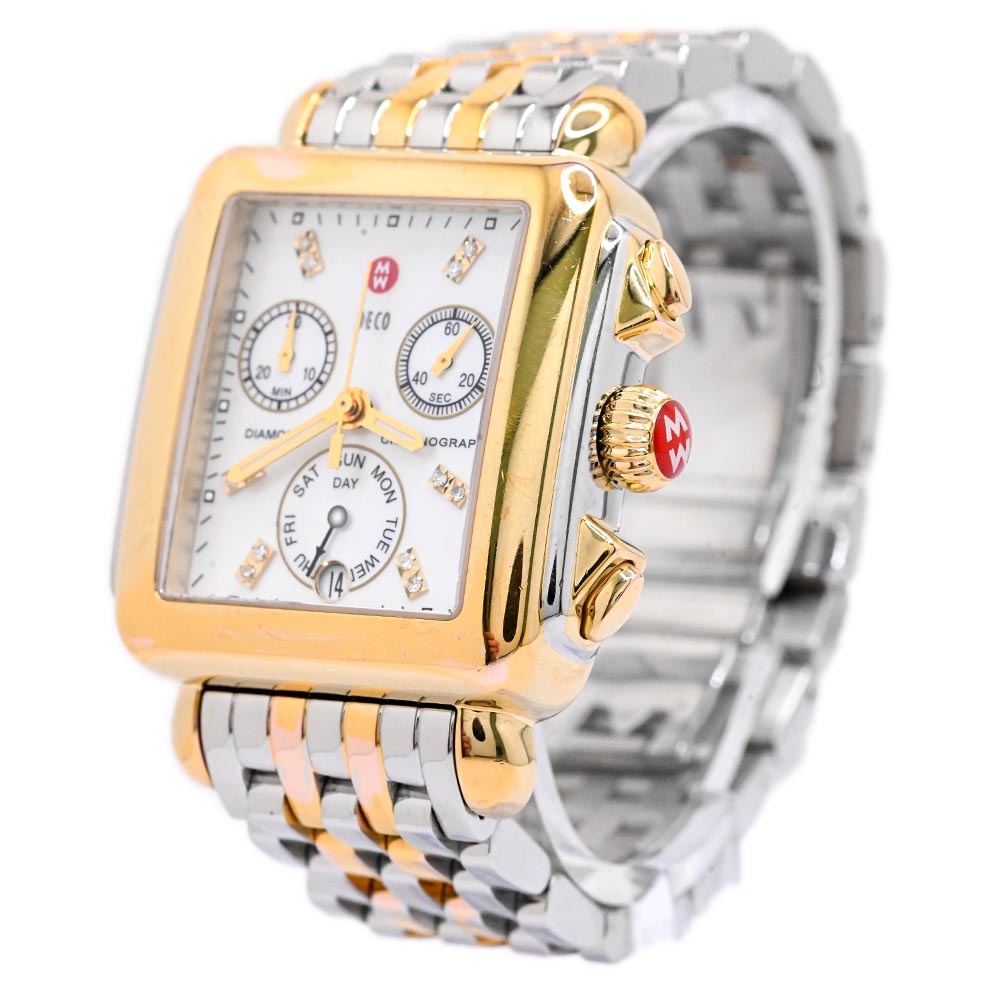 Michele Ladies Deco Diamond Chronograph Two Tone Plated Yellow Gold and Steel 33mm White MOP Diamond Dial Watch Reference #: MW06P00C9046 - Happy Jewelers Fine Jewelry Lifetime Warranty