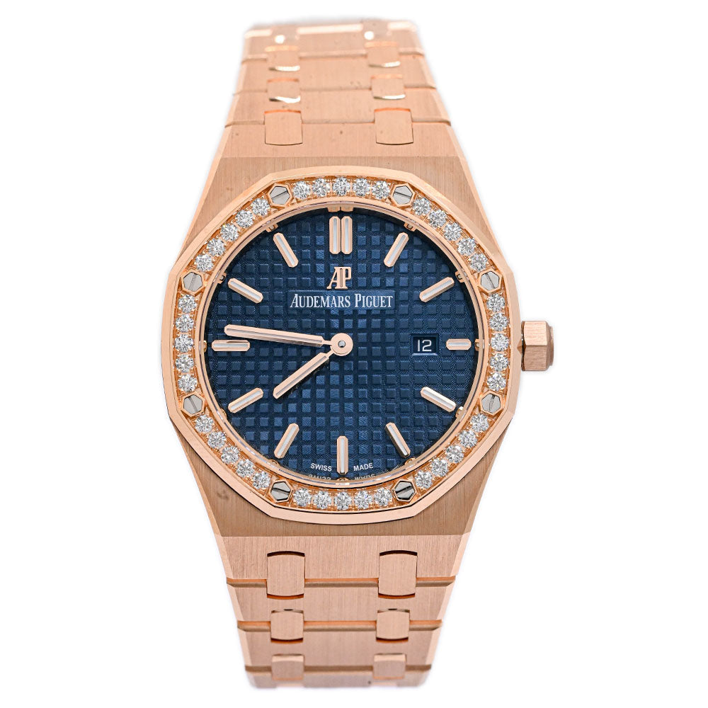 Audemars Piguet Ladies Royal Oak Quartz 18K Pink Gold 33mm Blue "Grande Tapisserie" Dial Watch Ref# 67651OR.ZZ.1261OR.02 - Happy Jewelers Fine Jewelry Lifetime Warranty