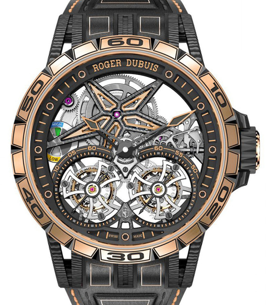 Roger Dubuis Men's Excalibur Spider Flying Double Tourbillion 18K Pink Gold & Carbon 47mm Openworked Skeleton Dial Watch Reference: RDDBEX0674 - Happy Jewelers Fine Jewelry Lifetime Warranty
