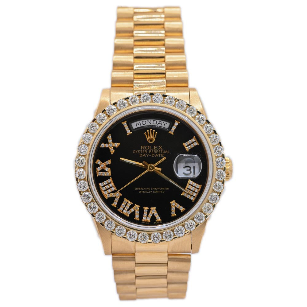 Rolex Unisex President Day-Date 18K Yellow Gold 36mm Custom Black Roman Diamond Dial Watch Reference #: 18038 - Happy Jewelers Fine Jewelry Lifetime Warranty
