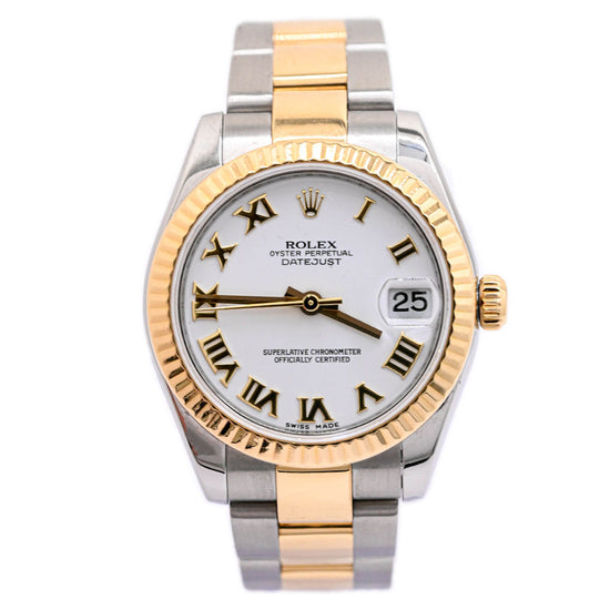 Load image into Gallery viewer, Rolex Ladies Datejust Two Tone Yellow Gold and Stainless Steel 31mm White Roman Dial Watch Ref# 178273 - Happy Jewelers Fine Jewelry Lifetime Warranty
