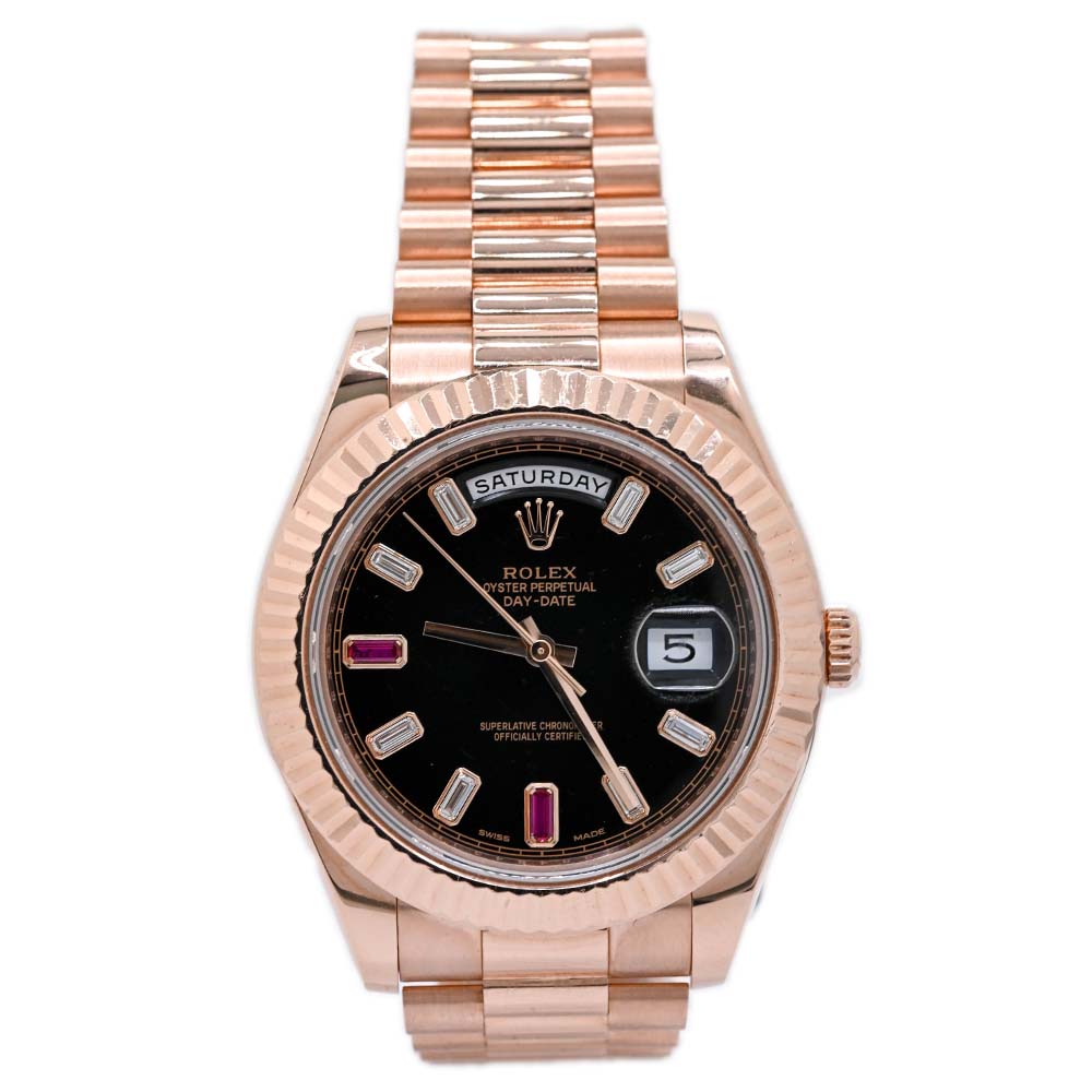 Rolex Mens Day-Date Everose Gold 40mm Black Baguette Diamond Dial w/ Baguette Ruby 6 and 9 markers Fluted Bezel President Bracelet - Happy Jewelers Fine Jewelry Lifetime Warranty