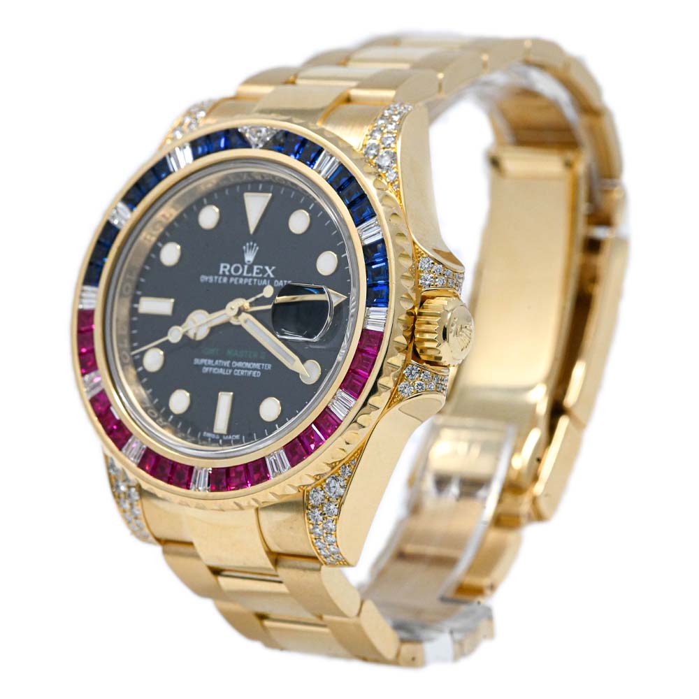 Rolex Men's GMT - Master II Yellow Gold 40mm Black Dot Dial Watch Reference #: 116758SARU - Happy Jewelers Fine Jewelry Lifetime Warranty