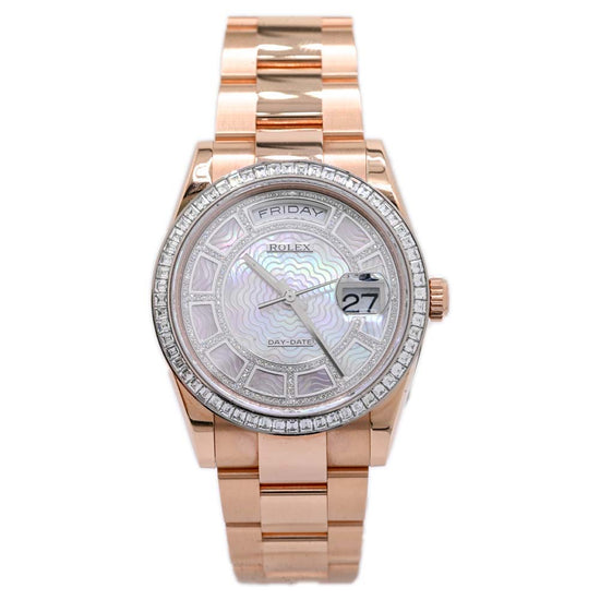 Load image into Gallery viewer, Rolex Unisex Day-Date 18ct Everose Gold Carousel Pink Mother of Pearl Dial Watch Reference #: 118395BR - Happy Jewelers Fine Jewelry Lifetime Warranty
