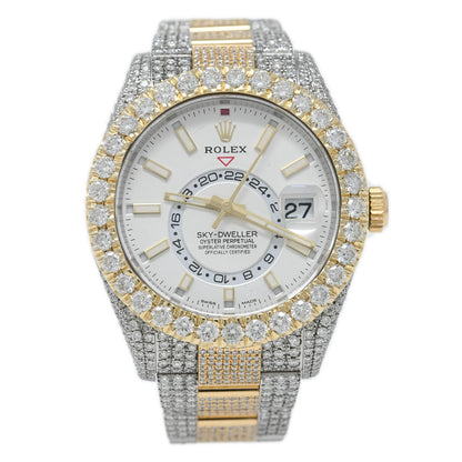 Rolex Mens Sky-Dweller Iced Out Yellow Gold & Stainless Steel 42mm White Stick Dial Watch Reference# 326933 - Happy Jewelers Fine Jewelry Lifetime Warranty