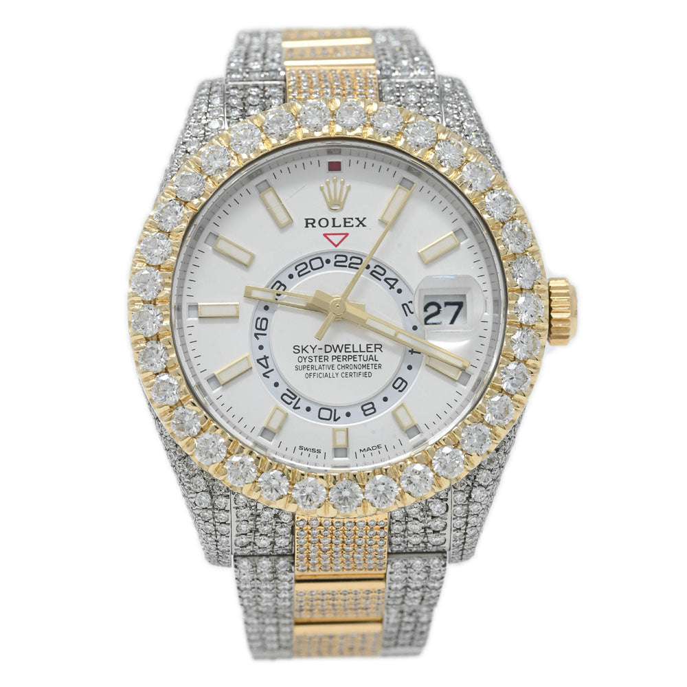 Rolex Mens Sky-Dweller Iced Out Yellow Gold & Stainless Steel 42mm White Stick Dial Watch Reference# 326933 - Happy Jewelers Fine Jewelry Lifetime Warranty