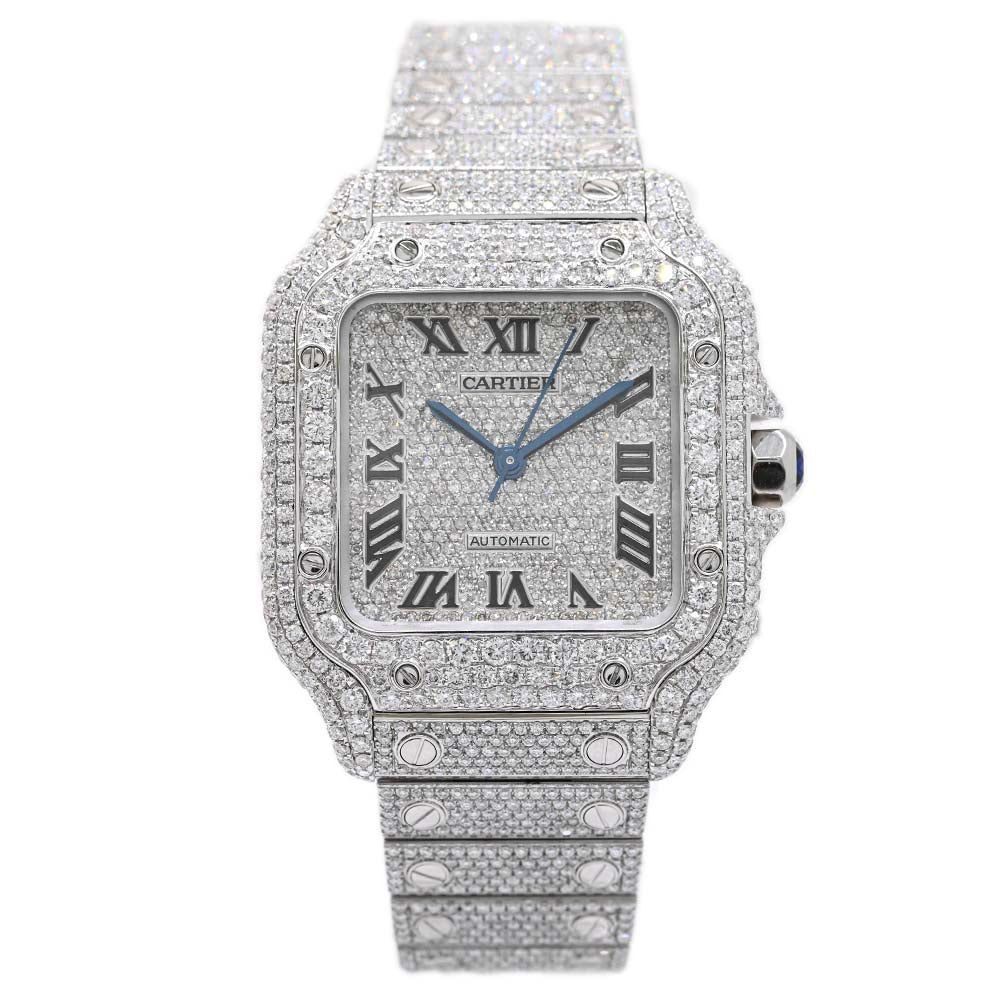 Cartier Unisex Santos Stainless Steel 35mm Pave Diamond Roman Dial ICED OUT Reference #: WSSA0029 - Happy Jewelers Fine Jewelry Lifetime Warranty