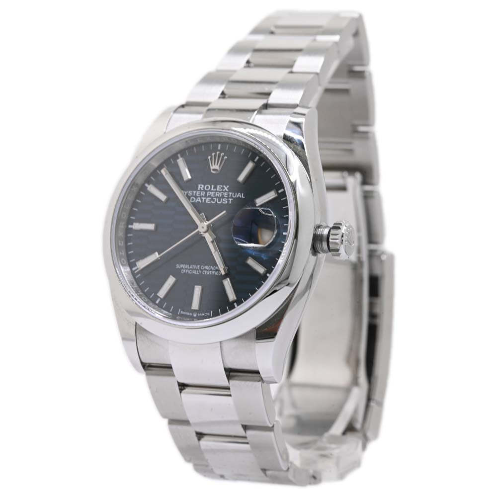 Rolex Unisex DateJust 36mm Bright Blue Fluted Motif Stick Dial Watch Reference #: 126200 - Happy Jewelers Fine Jewelry Lifetime Warranty