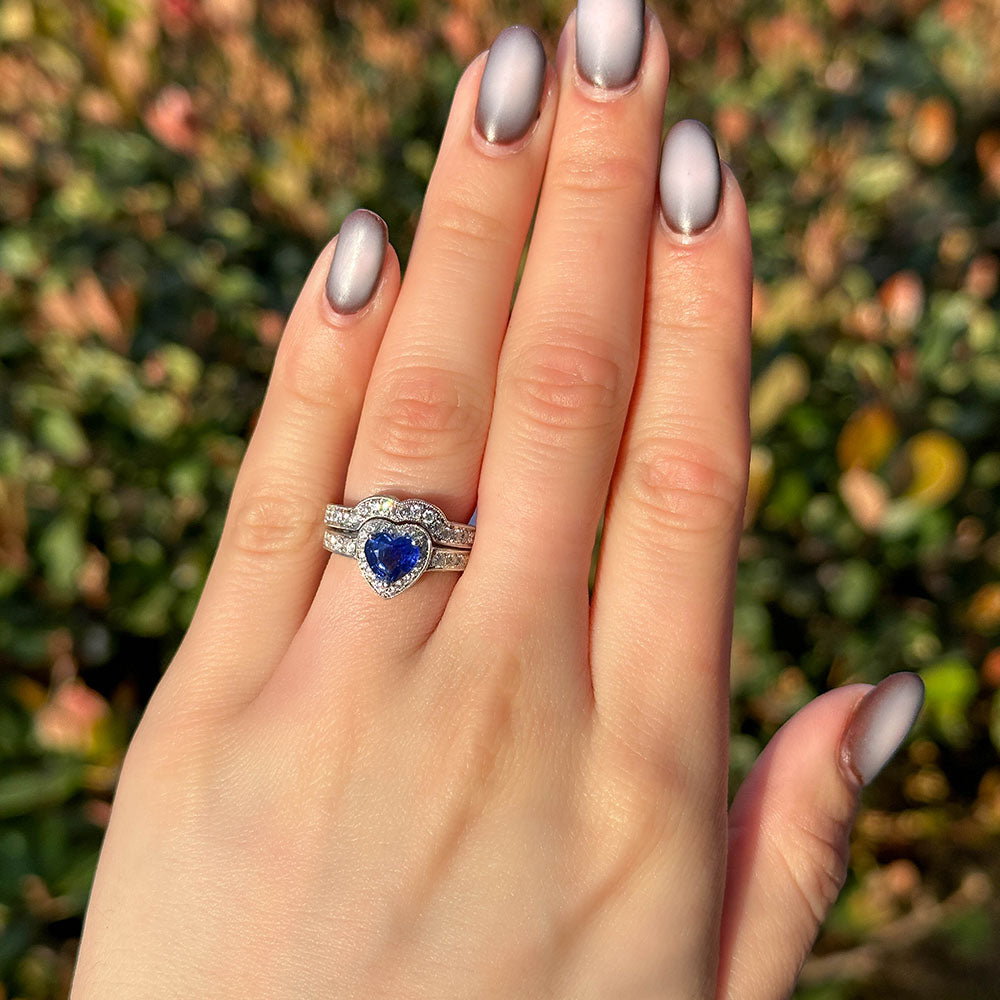 Heart Shape Sapphire Ring with Halo Wedding Set - Happy Jewelers Fine Jewelry Lifetime Warranty
