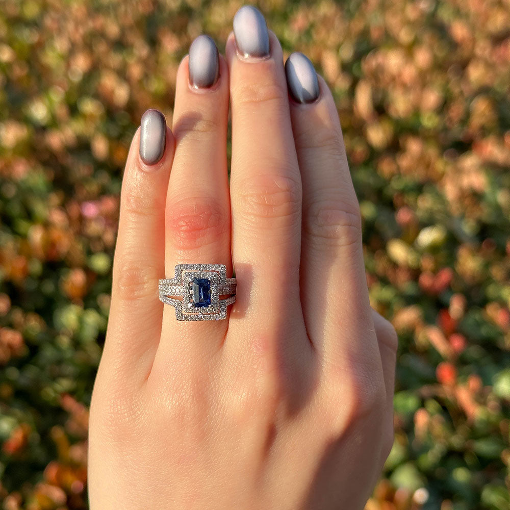 Emerald Cut Sapphire Ring with Double Halo - Happy Jewelers Fine Jewelry Lifetime Warranty