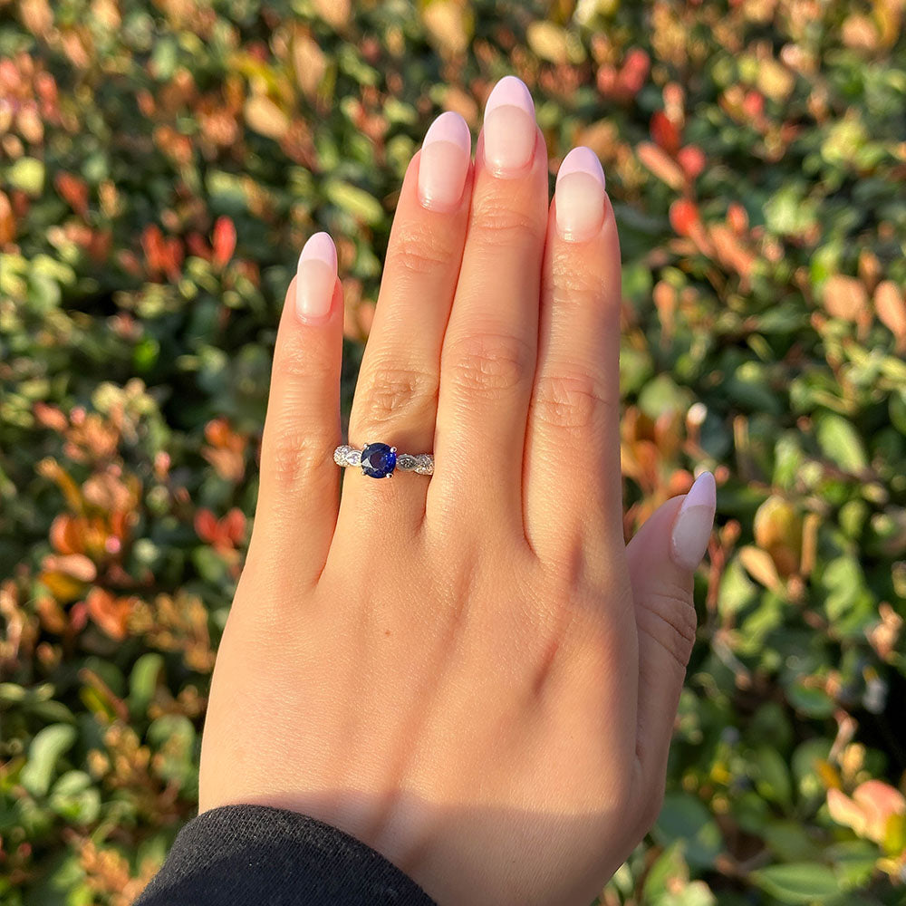 3 Stone Round Sapphire Ring with Hidden Halo - Happy Jewelers Fine Jewelry Lifetime Warranty
