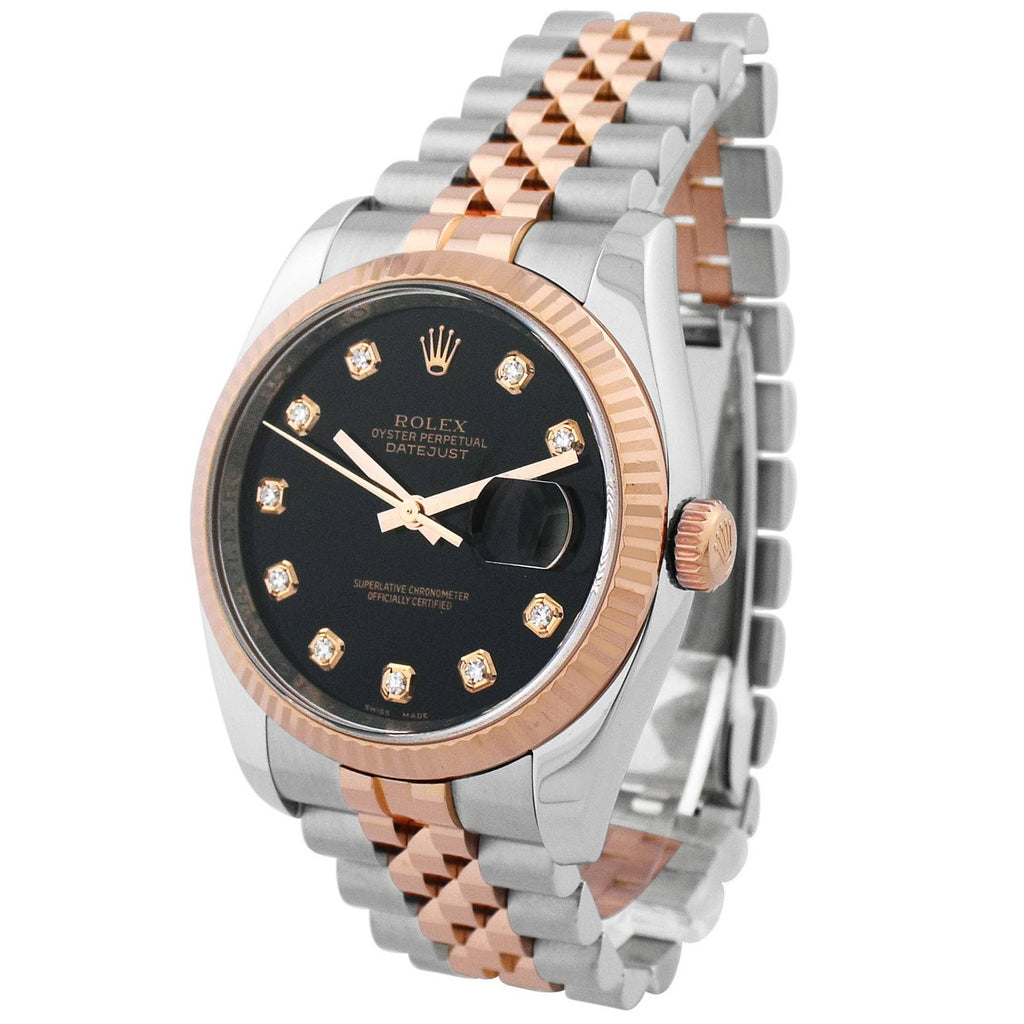 Rolex Unisex Datejust 18KT Rose Gold & Steel 36mm Black Diamond Dial Watch - Happy Jewelers Fine Jewelry Lifetime Warranty