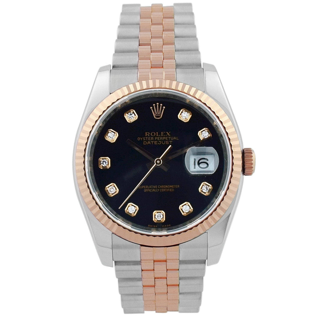 Rolex Unisex Datejust 18KT Rose Gold & Steel 36mm Black Diamond Dial Watch - Happy Jewelers Fine Jewelry Lifetime Warranty