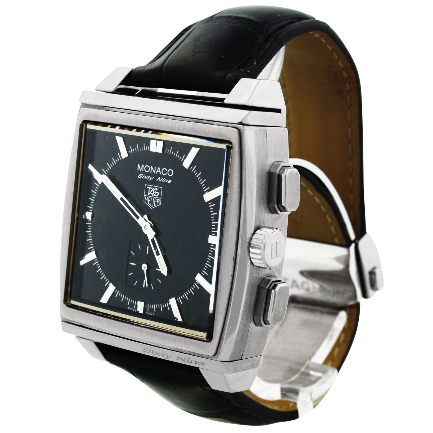 Tag Heuer Mens Monaco Sixty-Nine Stainless Steel 41x39mm Black Stick Dial & Digital Dial Rectangle Watch Reference #: CW9110-0 - Happy Jewelers Fine Jewelry Lifetime Warranty
