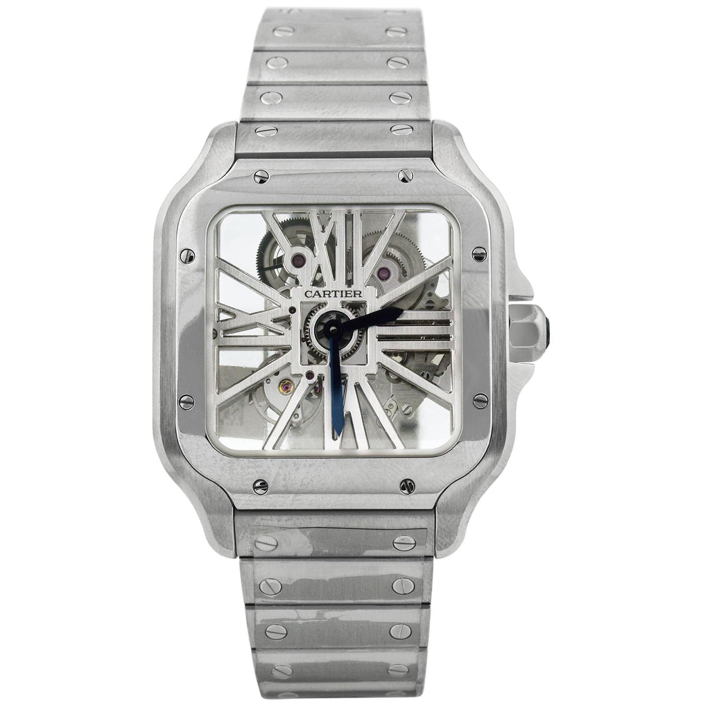 Cartier Mens Santos Stainless Steel 39.8mm Skeleton Roman Dial Watch Reference #: WHSA0015 - Happy Jewelers Fine Jewelry Lifetime Warranty