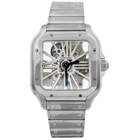 NEW! Cartier Men's Santos Stainless Steel 39.8mm Skeleton Roman Dial Watch Reference #: WHSA0015 - Happy Jewelers Fine Jewelry Lifetime Warranty