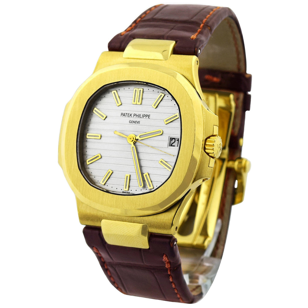 Patek Philippe Unisex Nautilus 18K Yellow Gold 40mm Silver Baton Dial Watch Reference #: 5711J - Happy Jewelers Fine Jewelry Lifetime Warranty