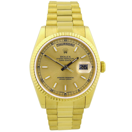 Load image into Gallery viewer, Rolex Unisex Yellow Gold 36mm Champagne Stick Dial Watch Fluted Bezel Presidential Bracelet Reference #: 118238 - Happy Jewelers Fine Jewelry Lifetime Warranty
