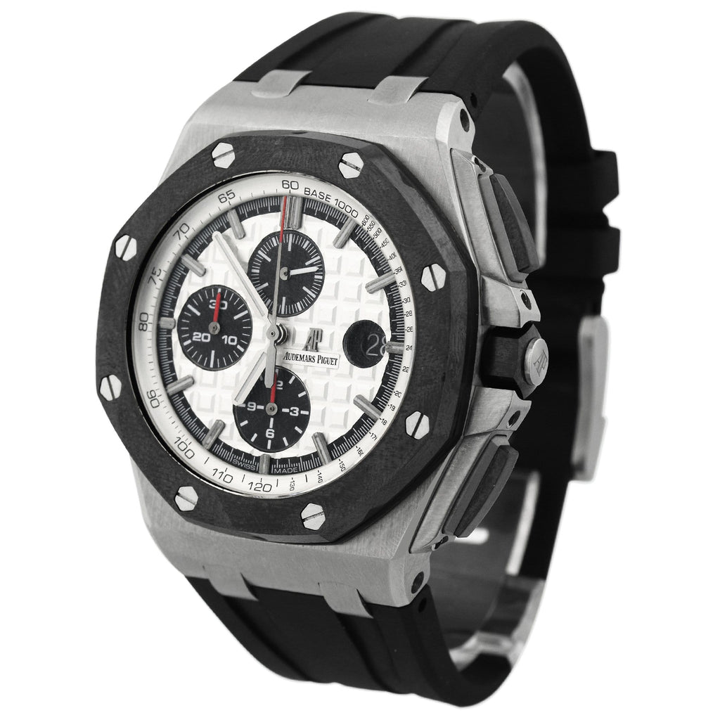 Audemars Piguet Mens Royal Oak Offshore Stainless Steel 44mm White Tapisserie Stick Dial Watch Reference #: 26400SO.OO.A002CA.01 - Happy Jewelers Fine Jewelry Lifetime Warranty