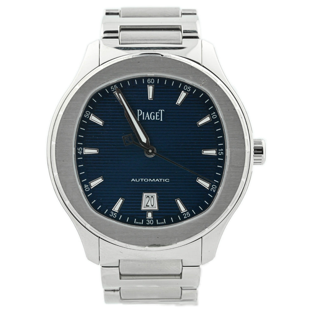 Piaget Mens Polo S Stainless Steel 42mm Blue Guilloché Stick Dial Watch Reference #: G0A41002 - Happy Jewelers Fine Jewelry Lifetime Warranty