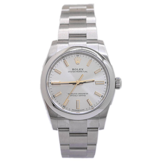 Rolex Unisex Oyster Perpetual Stainless Steel 34mm Silver Stick Dial Watch Reference #: 124200 - Happy Jewelers Fine Jewelry Lifetime Warranty
