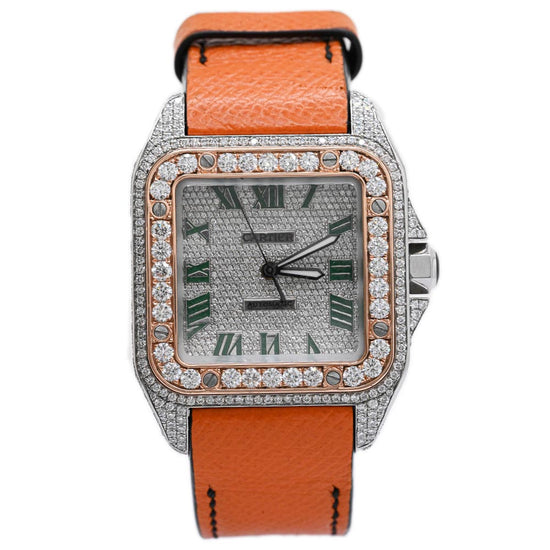 Cartier Men's Santos 100 Stainless Steel 39mm Custom Pave Diamond Dial w/ Green Roman Markers Watch Reference #: W20121U2 - Happy Jewelers Fine Jewelry Lifetime Warranty