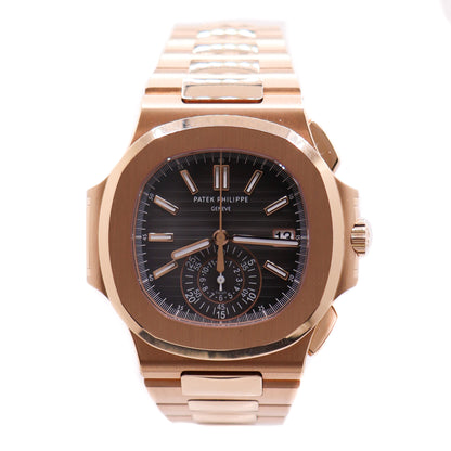 Patek Philippe Men's Nautilus Rose Gold 40mm Grey Annual Calendar Stick Dial Watch Ref #5980/1R-001 - Happy Jewelers Fine Jewelry Lifetime Warranty
