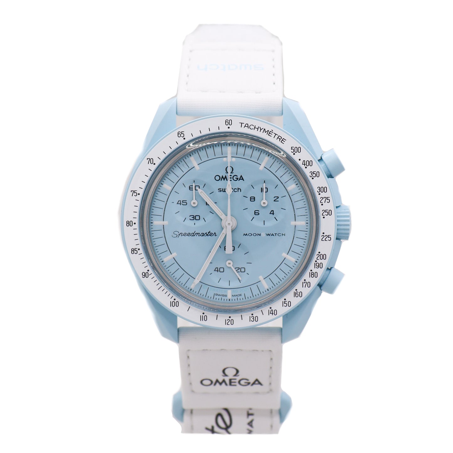 Load image into Gallery viewer, Omega x Swatch Moonswatch Light Blue Bioceramic 42mm Light Blue Chronograph Dial Watch - Happy Jewelers Fine Jewelry Lifetime Warranty

