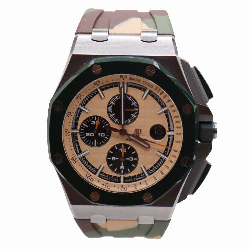 Audemars Piguet Men's Royal Oak Offshore Stainless Steel 44mm Beige Chronograph "Mega Tapisserie" Dial Watch Reference #26400SO.OO.A054CA.01 - Happy Jewelers Fine Jewelry Lifetime Warranty