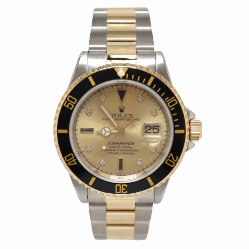 Rolex Men's Submariner Two Tone Yellow Gold and Stainless Steel 40mm Factory Champagne Serti Dial Watch Reference #16613 - Happy Jewelers Fine Jewelry Lifetime Warranty