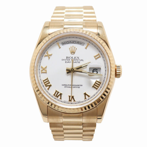 Rolex Day-Date Yellow Gold 36mm White Roman Dial Watch Reference #118238 - Happy Jewelers Fine Jewelry Lifetime Warranty
