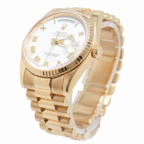 Rolex Day-Date Yellow Gold 36mm White Roman Dial Watch Reference #118238 - Happy Jewelers Fine Jewelry Lifetime Warranty