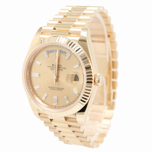 Rolex Men's Day-Date Yellow Gold 40mm Champagne Baguette Diamond Dial Watch Reference #228238 - Happy Jewelers Fine Jewelry Lifetime Warranty
