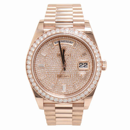 Rolex Men's Day-Date 18k Rose Gold 40mm Pave Diamond Dial w/ Diamond Baguette Hour Markers Reference #228345RBR - Happy Jewelers Fine Jewelry Lifetime Warranty