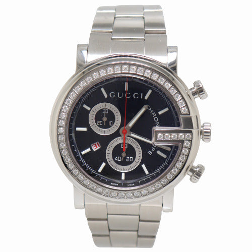 Load image into Gallery viewer, Gucci Men&amp;#39;s Chronoscope Stainless Steel 44mm Black Chronograph Dial Watch Reference #YA101324 - Happy Jewelers Fine Jewelry Lifetime Warranty
