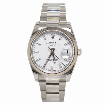 Rolex Oyster Perpetual Date Stainless Steel 34mm White Stick Dial Watch Reference #115234 - Happy Jewelers Fine Jewelry Lifetime Warranty