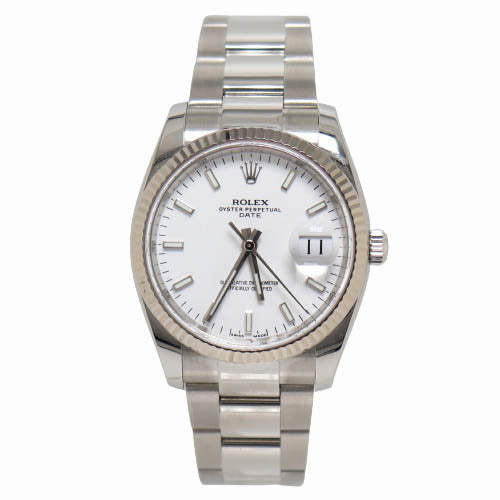Rolex Oyster Perpetual Date Stainless Steel 34mm White Stick Dial Watch Reference #115234 - Happy Jewelers Fine Jewelry Lifetime Warranty