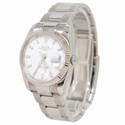 Rolex Oyster Perpetual Date Stainless Steel 34mm White Stick Dial Watch Reference #115234 - Happy Jewelers Fine Jewelry Lifetime Warranty