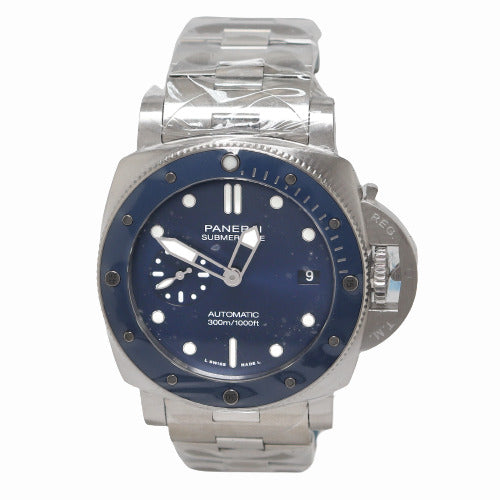 BRAND NEW! Panerai Mens Submersible Blue Notte Brushed Steel 42mm Blue Sun Brushed Dial Watch Reference# PAM01068 - Happy Jewelers Fine Jewelry Lifetime Warranty
