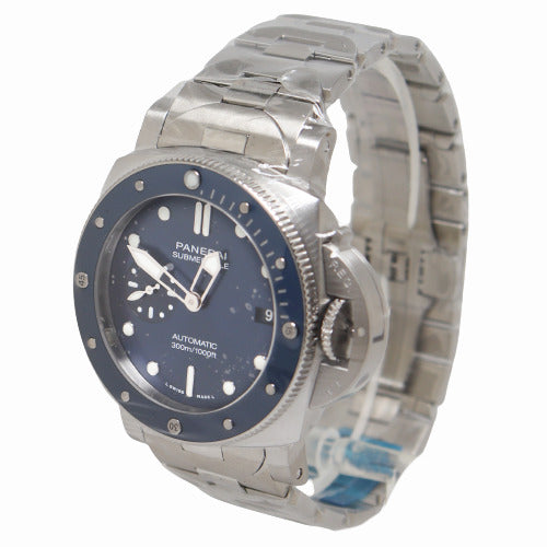 BRAND NEW! Panerai Mens Submersible Blue Notte Brushed Steel 42mm Blue Sun Brushed Dial Watch Reference# PAM01068 - Happy Jewelers Fine Jewelry Lifetime Warranty