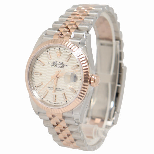 Load image into Gallery viewer, NEW! Rolex Datejust Two Tone Rose Gold and Stainless Steel 36mm Silver Fluted Motif Stick Dial Watch Reference#126231 - Happy Jewelers Fine Jewelry Lifetime Warranty
